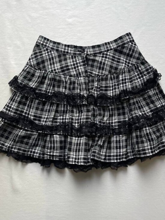 Dresses & Skirts - Black & White Plaid Mini Skirt – Tiered Ruffle Lace Trim Y2K Preppy Skirt